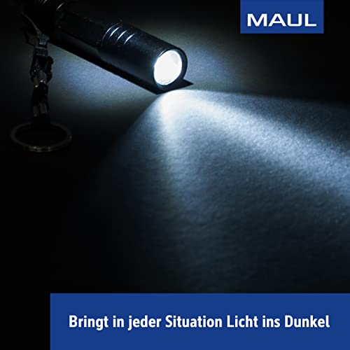MAUL LED-Taschenlampe MAULjuno – kompakte und outdoor-taugliche LED Taschenlampe inkl. Anhänger – kleine Stabtaschenlampe mit langer Leuchtdauer und Spritzwasserschutz (IPX4) – schwarz
