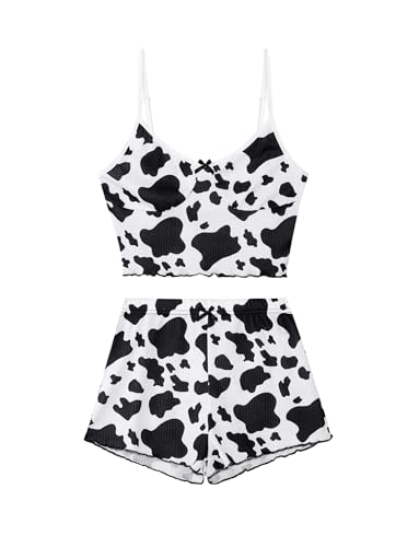 Image of Hilinker Womens Graphic Print Ribbed PJ Set Crop Cami Tops and Shorts Cute Pajamas Set