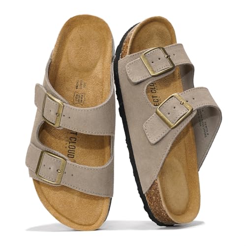 Project Cloud Genuine Leather Flat Sandals Women 2025 Beach Essentials Womens Sandals Memory Foam Vacation Essentials Slides for Women Footwear (Venita, greysu, 9)