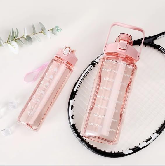 Motivational Water Bottle Set (3 Pack) | 300ml 800ml 2000ml Time Marker Hydration Bottles | BPA Free | Leakproof | Reusable Fitness Gym Sports Water Bottles (Pink)