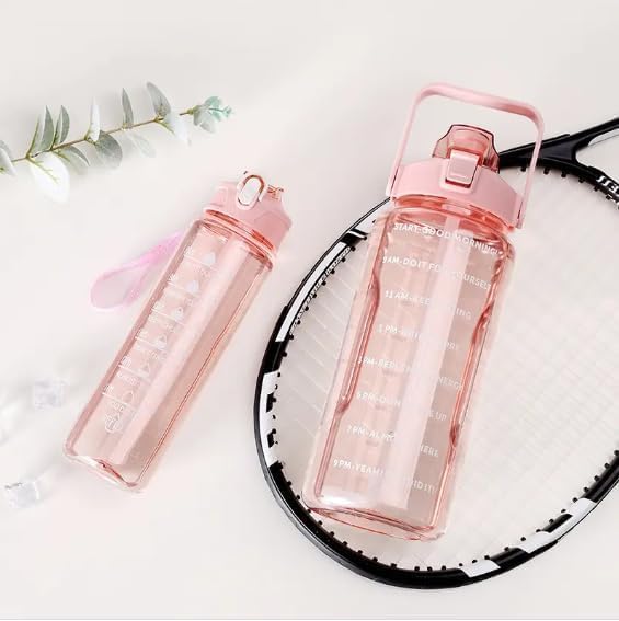 Image of Set of 3 Transparent Water Bottle 2000ML, 900ML, 300ML with Motivational Time Marker |Leak Proof&Break-Proof | Best Usage For Office /School /Gym /Travel (SET OF 3) (PINK)