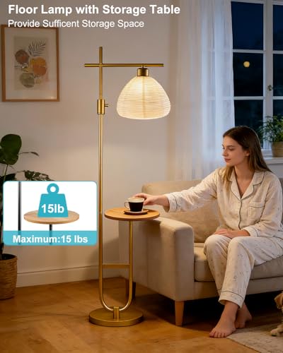 Image of 66IN Dimmable Gold Floor Lamps with Storage Table, Modern Standing Tall Lamp with Milky White Lampshade, Cross-Shaped Lamp Head and U-Pole Base Style for Living Room /Bedroom