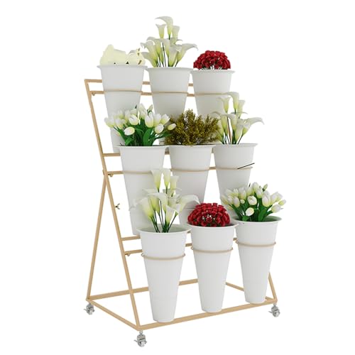 Chariot à plantes mobile robuste en fer forgé avec 12 seaux pour extérieur