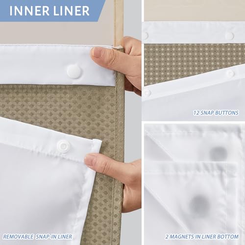 Image of Furlinic Extra Long Waffle Weave No Hook Shower Curtain with Snap in Liner,Heavy Duty Textured Fabric Bathroom Curtains,Hotel Style with Mesh Top Window,Waterproof & Machine Washable,Beige,71x96