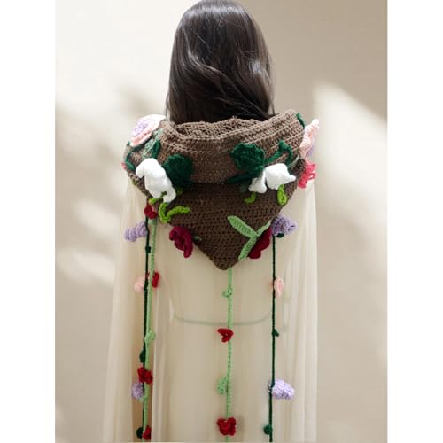 Floral Crochet Capelet Hat Handmade Winter Hooded Headgear Knitting Scarf with Tassels for Women Outdoor Activity3