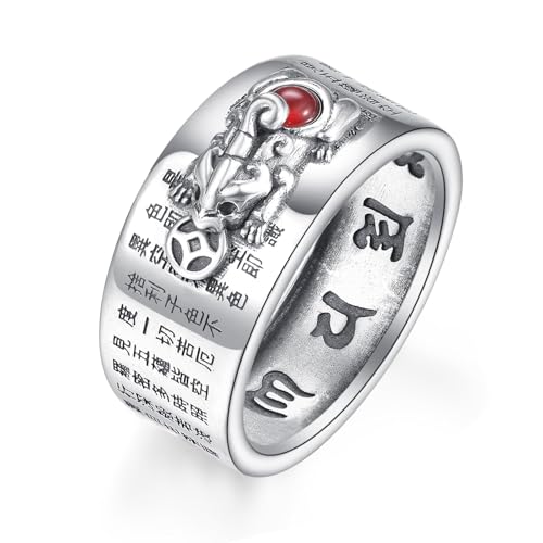 QCFL Feng Shui Ring 925 Stering Silver Red Agate Pi Xiu Jewelry Wealth Lucky Gifts for Men Women Size 14