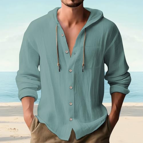 Mens Button Up Hoodies Cotton Linen Long Sleeve Lightweight Summer Sun Protection Hooded Beach Shirts2