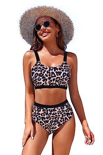 Image of Womens High Waisted Bikini Sets Sporty Crop Top Color Block Swimwear Bandeau Scoop Neck Vintage Two Piece Bathing Suits