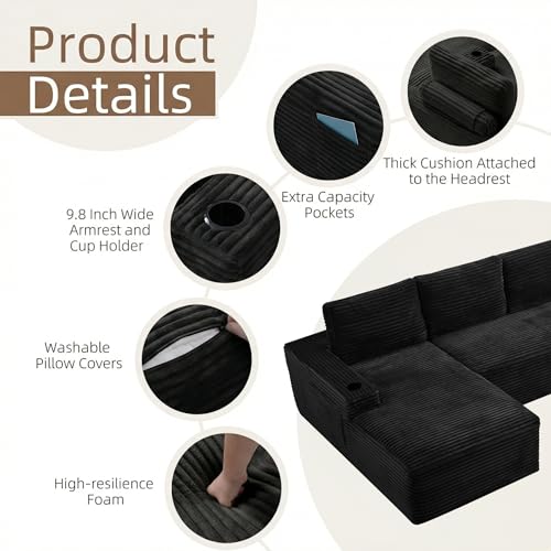 Image of 104 inch L Shaped Boneless Sectional Couches for Living Room, Comfy Corduroy Floor Cloud Sofa with Chaise and Cup Holder, Wide Armrest, Deep Seat, Assembly Free, Ideal for Small Spaces, Black