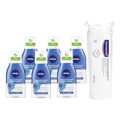 NIVEA Cofanetto Set Skincare con NIVEA Struccante Bifasico Occhi Doppia Azione 6 x 125 ml e Hansaplast Dischetti Cotone in confezione da 70 pezzi per la detersione viso – Kit Esclusiva Amazon