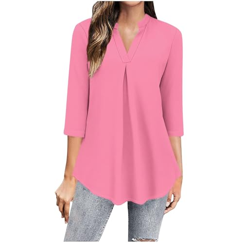 Elegant Blouses for Women Dressy Casual Notch V Neck 3/4 Length Sleeve Tops Loose Flowy Three Quarter Sleeve T Shirts Pink