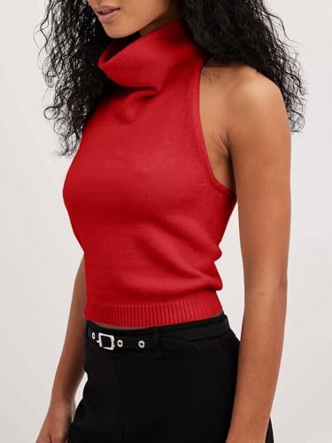 Image of Langwyqu Womens Turtleneck Sweater Vests Sleeveless Knit Halter Tank Tops Sexy Loose Cami Shirts