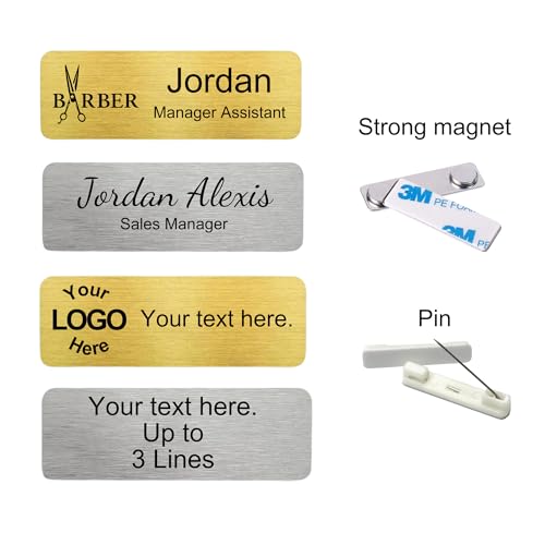 Custom name tag with logo & text, magnet or pin backing, high quality engraving, gold or silver finish, acrylic material, thick and strong, 3x1 inches for teachers, business, medical assistance, realtor