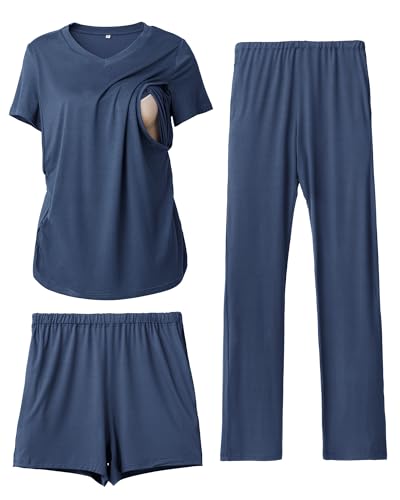 Image of Rnxrbb 3 Piece Women's Maternity Nursing Pajamas Set V Neck Breastfeeding Pjs Sleepwear Postpartum Shorts&Pants Pockets