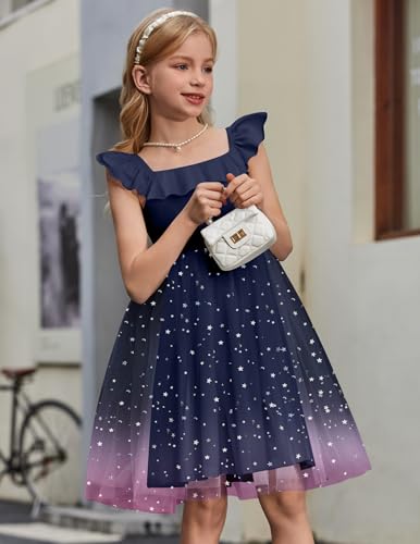 Arshiner Girls Dresses Summer Square Neck Ruffle Sleeve Formal Party Birthday Tulle Dress 6-14 Years4