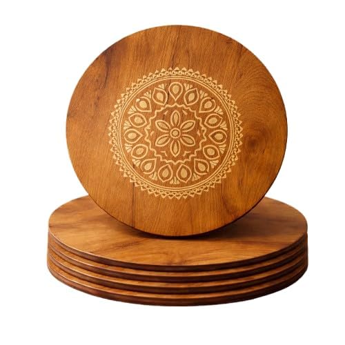 Wooden Trivet Set of 4 (20cm) | Heat Resistant Hot Pot Stand | Bamboo Table Mats with Engraved Design | Anti-Slip Dining Table Protector | Wooden Coaster for Kitchen & Cookware