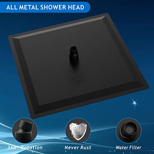 Voolan Oversize Rain Shower Head - High Flow Square Rainfall Showerhead - Waterfall Full Body Coverage - Universal Ceiling or Wall Mount (16 Inch, Matte Black)