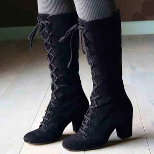 Boots for Women Faux Suede Steampunk Halloween Vintage Chunky Heel Boots Winter Lace Up Mid Calf Goth Booties2