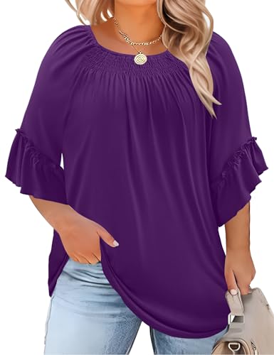 Image of Micoson Womens Plus Size Tops 3 /4 Ruffle Sleeve Crewneck Pleated Shirts
