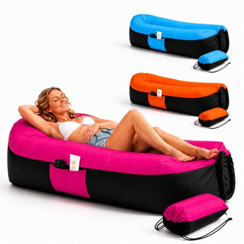 EastCity Luftsofa Aufblasbar mit Kopfstütze und Seitentasche 230 x 70 cm Aufblasbares Sofa für Camping Strand und Festival Air Lounger mit Tragebeutel Tragbare Aufblasbare Liege Rosa