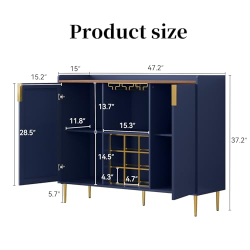 Image of ARTPOWER 48 inch Wine Bar Cabinet with Fluted Texture, Modern Buffet Sideboard with Wine Rack and Glass Holder, Liquor Coffee Station with Storage for Kitchen, Living Room, Home Bar, Blue