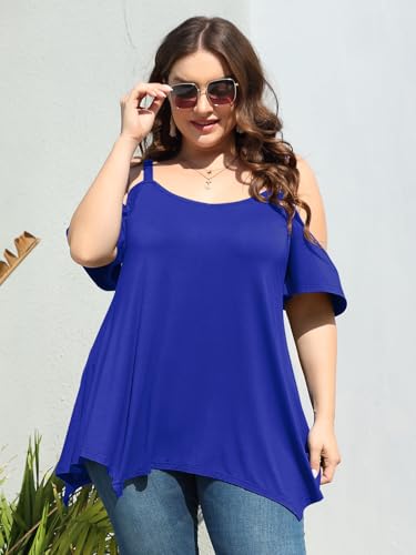Image of LARACE Cold Shoulder Tops for Womens Summer Clothes Spaghetti Strape Tunic Oversized Shirts Asymmetrical Plus Size Blouse