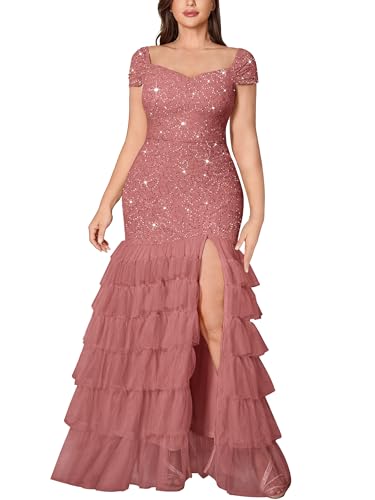 MISSMAY Women's Plus Size Sequin Floral Lace Mesh Tiered Ruffle Slit Mermaid Long Formal Evening Gown Dress