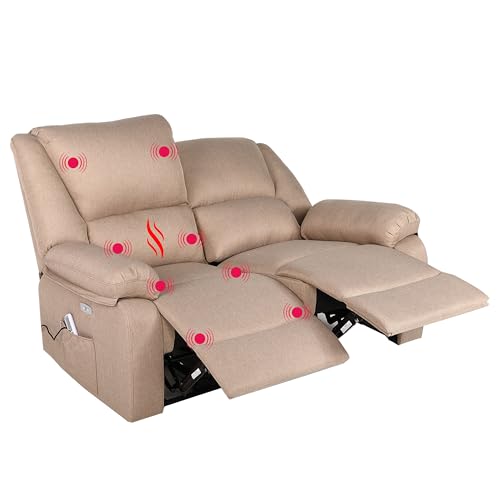 ECODE® Sofa 2 Plazas de Tela con Reclinacion Electrica Independiente y Masaje - Modo Reclinable TV Independiente en Cada Lado, 8 Vibromotores, Calor Lumbar, Doble Botonera, Doble USB (Beige)