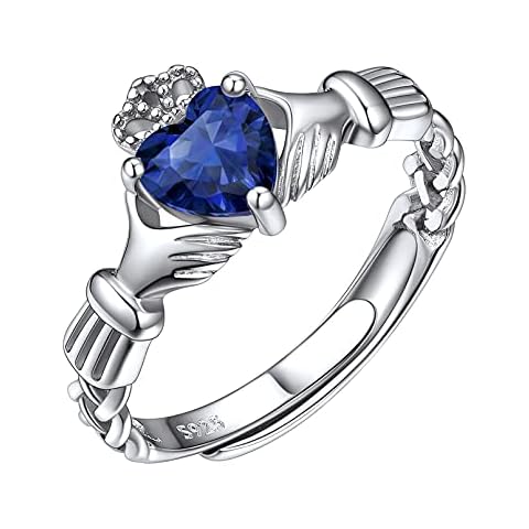 September Birthstone Heart Rings for Women 925 Sterling Silver Claddagh Ring Adjustable Cover