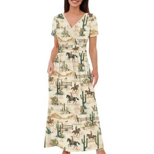 Image of Women's Fall Summer Short Sleeve Ankle Length V-Neck Party Dress with Pockets Size S-3XL