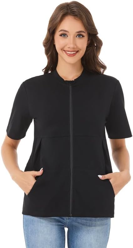 Post Surgery Mastectomy Shirt with Drain Pockets – Women’s Short Sleeve Zip Front Recovery Top with Elastic Pouches