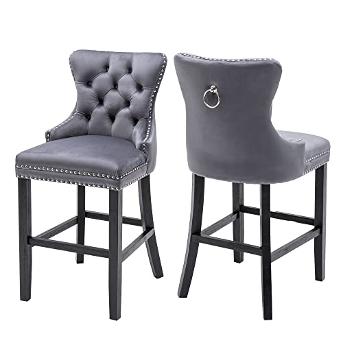 Goolon Bar Stools Set Of 2, Velvet 26 Inch Seat Height Counter Height Barstools Button Tufted Backrest, Rivet Trim Bar Chairs For Kitchen Island Mid-Century Metal Pull Ring Wood Frame Legs, Dark Grey #TOP6