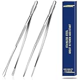 Tangoowal 2 Pcs 12-Inch Fine long Tweezer Tongs for Cooking, Stainless Steel Kitchen & Cooking Tweezers Tongs