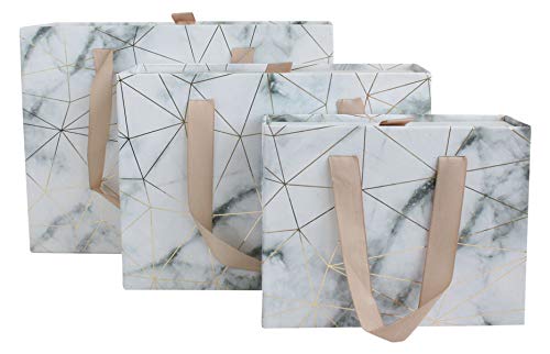 Emartbuy Ensemble de 3 Rectangle Luxe Rigide Tiroir Présentation Boite Cadeau, Marbre Blanc Avec Les Lignes d'Or Origami, Intérieur à Damier et Beige Poignée de Transport