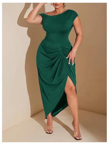 Image of Floerns Women's Plus Size Asymmetrical Neck Long Dress Ruched Slit Hem Cocktail Dress