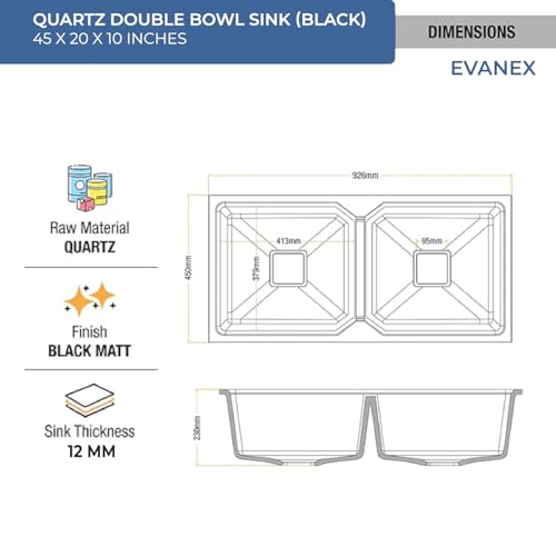 Image of EVANEX Quartz Kitchen Sink|Double Bowl Sink for Kitchen|Topmount /Undermount Kitchen Sinks|Black Double Sink with Connector, Waste Pipe, Coupling and Drain Basket|45x20x9 Granite Kitchen Sinks