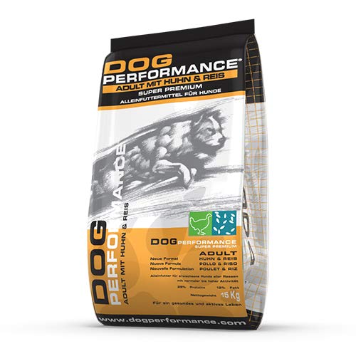 DOG Performance Nourriture sèche pour chiens Super Premium Poulet et riz pour adultes.  Aliment complet pour chiens.  Convient pour un usage quotidien, avec un excellent apport énergétique.  Convient à toutes les races - Sac de 15 kg