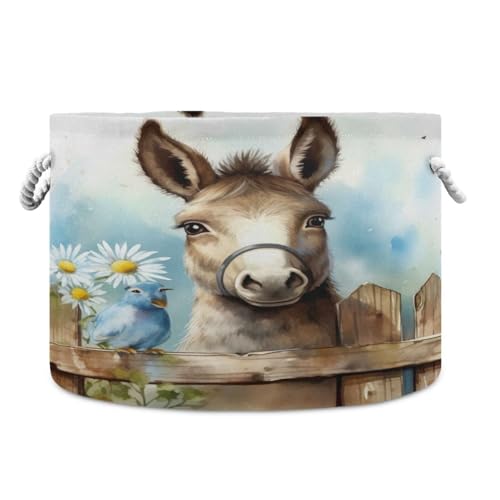 Round Cute Donkey Daisy Fence Storage Basket Large Organizer Bin Laundry Hamper Toy Storage Basket with Handle for Nursery Clothes Toys 202b5030