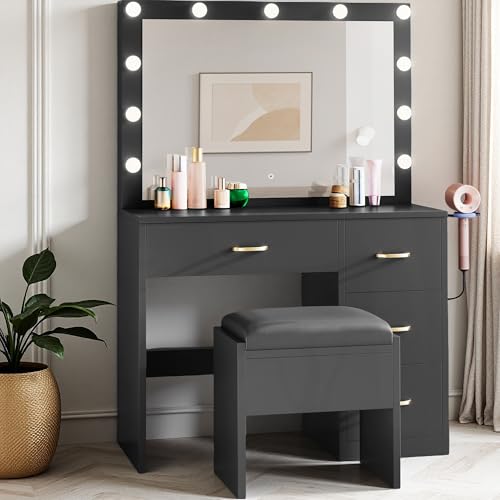 DWVO Makeup Vanity with Lighted Mirror, Dressing Table with 11 LED Bulbs & 3 Lighting Modes, Storage Drawers, Charging Ports and Soft Cushioned Stool