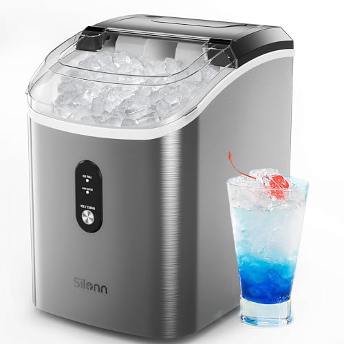 Nugget Ice Maker Countertop - Silonn Pebble Ice Maker Machine with Self-Cleaning Function, 33lbs/24H, Ice Makers for Home/Kitchen/Office, Stainless Steel