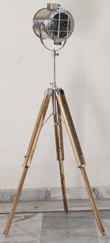Nautical Chrome Spot Light Searchlight Studio Floor Lamp Teak Wood Tripod Stand