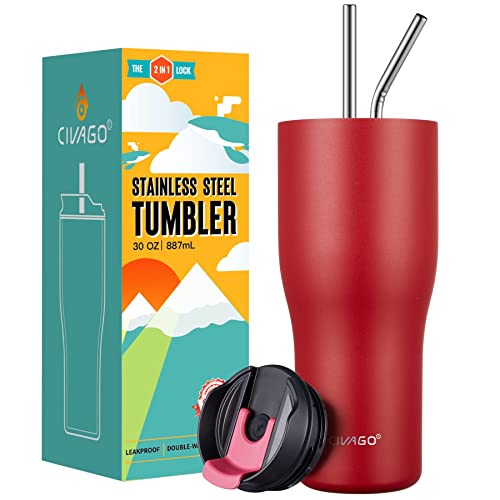 Civago 30 Oz Tumbler With Straw And Lid (2-In-1 Lid), Stainless Steel Insulated Vacuum Coffee Tumbler Cup, Double Wall Leakproof Travel Mug, Red #TOP6