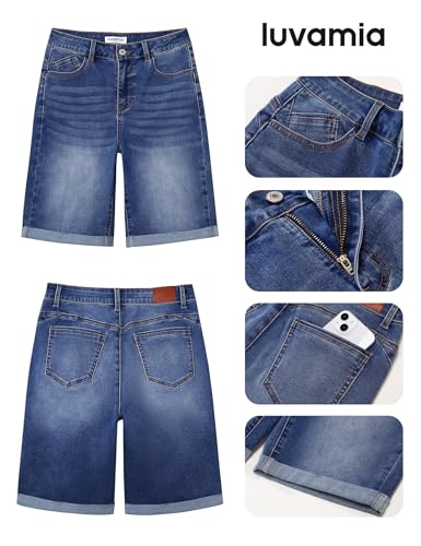 Image of luvamia Bermuda Jean Shorts Women High Rise Stretchy Cuffed Hem Denim Jorts