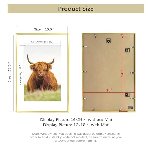 Image of Golden State Art, 16x24 Picture Frame Set of 3, Gold Thin Border, Display Photo 12x18 with Mat or 16x24 Without Mat, Poster Frame for Wall Hanging Horizontal and Vertical