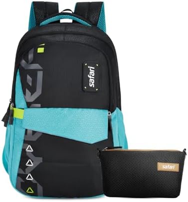 Safari Bonus 37L School bag for Boys & Girls, Office use/travel bag for men & women, Casual 3 Compartment Printed Large Backpack with Armor Base, Freebie pencil pouch, File holder, Rain Cover, Black
