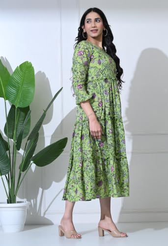 Image of Amazon Brand - Tavasya Women Botanical Floral Printed Maternity Midi Dress | Round Neck | 3 /4 Ruffle Sleeves | Concealed Feeding Zip | Gathered Tiered Nursing Dress