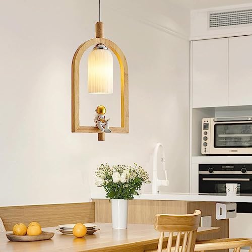 Suspension en bois véritable style campagnard et globe en verre opalin chic - 3