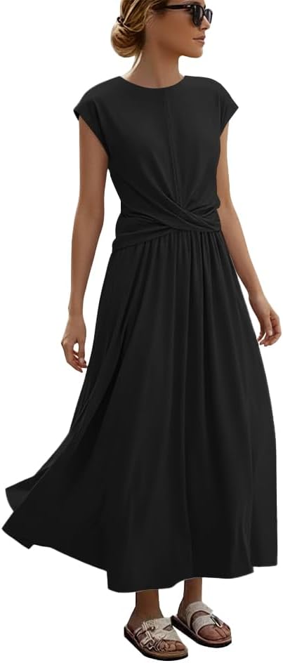 ETCYY Women's Summer Dresses Maxi Dress 2026 Sundresses Vacation Beach Dress Striped Twisted Front Long Dresses with Pockets