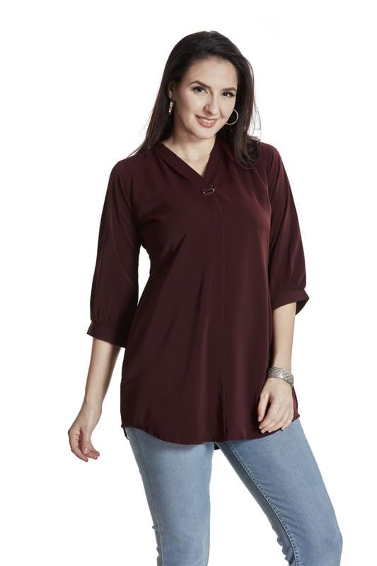 Image of nioni Women's Purple Poly Linen Blend Tunic Top with 3 /4 Sleeves, Printed Yoke, Kantha Stitch Detailing & Mandarin Collar