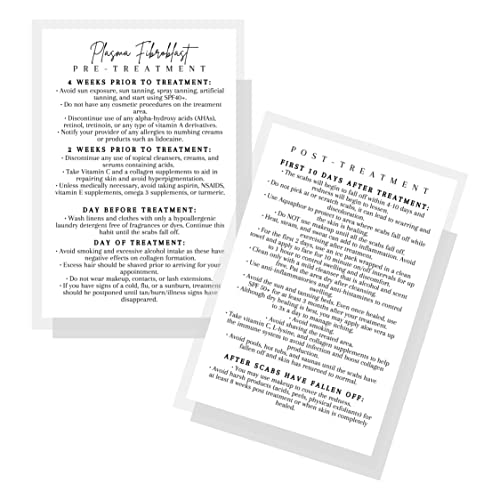Lashicorn Plasma Fibroblast Pre/Post Treatment Instruction Cards | 30 Pack | Size 4x6” inch Post Card | Fibroblast Supplies | White Card Design